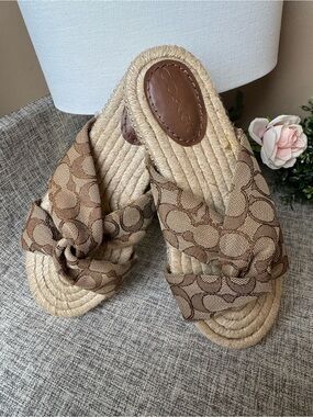 Coach Brown Signature Canvas Knot Espadrille Slides